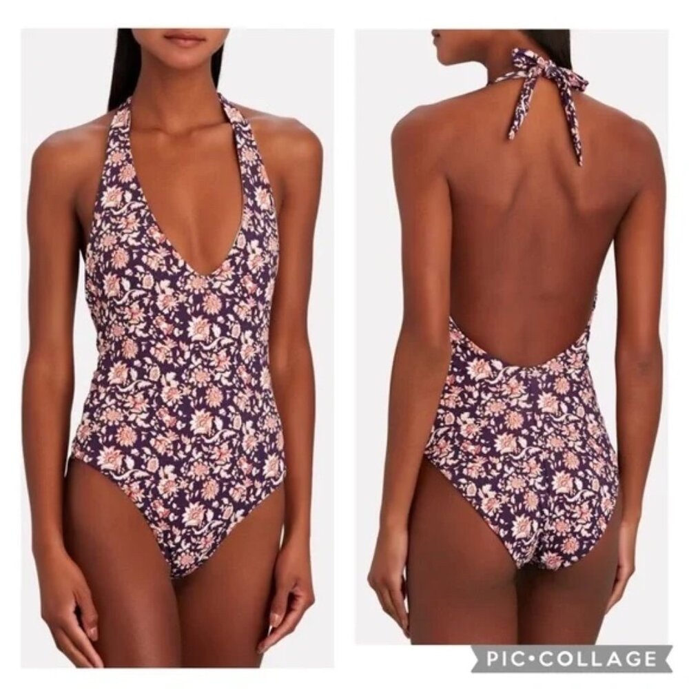Veronica Beard Salis One Piece Halter Swimsuit Ultramarine Multi Floral M